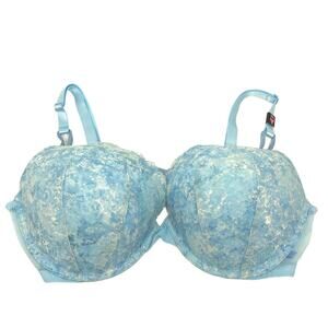 NEW Victoria's Secret Push Up Bra 38D Underwire Padded Mesh Lace Floral Blue VS